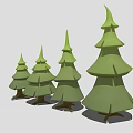 Green Layered Coniferous Trees With Brown Trunks In Row Cartoon Style