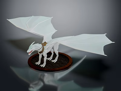 White Dragon Figurine with Detailed Wings and Wooden Base Mythical Creature Model 3d model