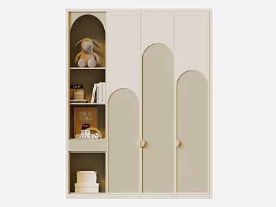 Modern Minimalist Wardrobe With Arched Doors Open Storage And Decorative Doll Books 3d model