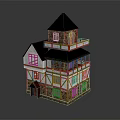Cartoon Scene Of Two Story House With Black Roof White Walls And Brown Wooden Frames