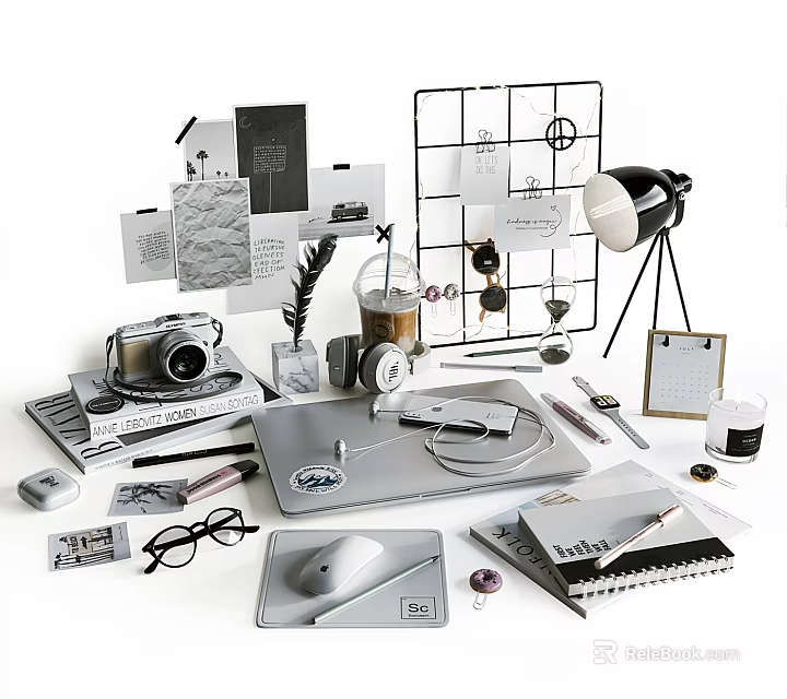 Creative Desk Setup With Camera Lamp Drawing Board Notebooks Glasses And Stationery 3d model