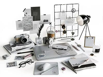 Creative Desk Setup With Camera Lamp Drawing Board Notebooks Glasses And Stationery 3d model