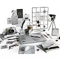 Creative Desk Setup With Camera Lamp Drawing Board Notebooks Glasses And Stationery 3d model
