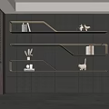 Modern Curved Wooden Wall Shelves On Gray Wall With Books And Decorative Items