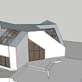 Modern Detached Villa With Geometric Roof Large Glass Windows Wooden Frames And White Exterior