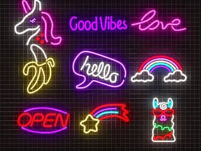 Colorful Neon Decorative Lights with Unicorn Banana Rainbow and Good Vibes Love Hello Open Signs 3d model