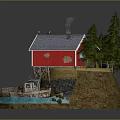 Old Wooden Boat And Small Rowboat Near Red House By Waterfront With Green Trees