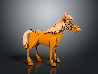 Cartoon Orange Pony Figure with Fluffy Mane and Tail Standing on Dark Background 3d model