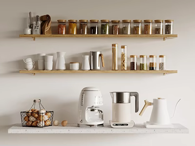 Kitchen Appliances On Countertop With Coffee Maker Kettle Wooden Shelves And Storage Jars 3d model