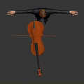 Man With Red Hair In Black Suit Holding Orange Violin Arms Outstretched On Gray Background