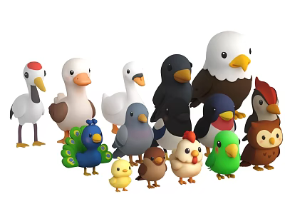 Various Flying Animals Plush Toys Including Ducks Eagles Peacocks And Owls 3d model