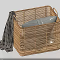 Natural Woven Rattan Storage Basket With Handle Holding Gray Cushion And Plaid Blanket