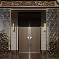 Luxurious Entrance Door With Golden Carved Panels Wall Lamps And Elegant Design