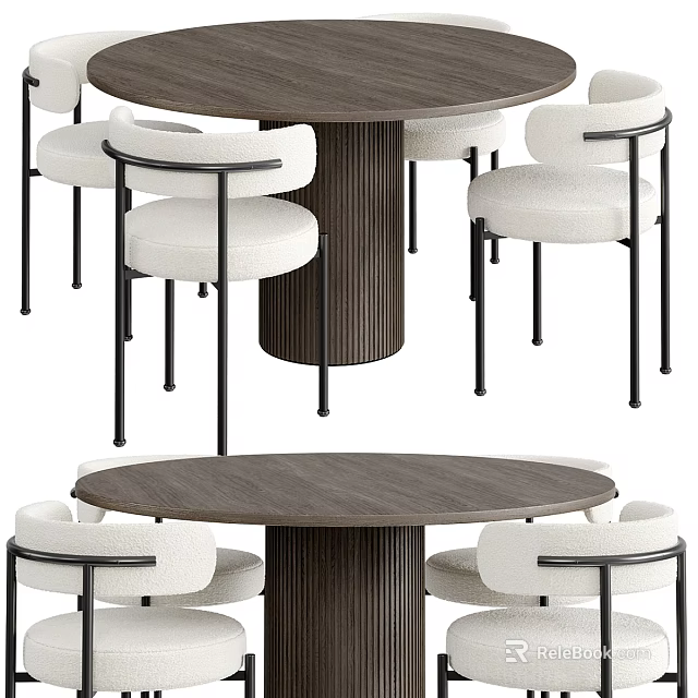 Modern Round Dining Table Set With Wooden Tabletop And White Upholstered Chairs With Black Metal Frames 3d model 