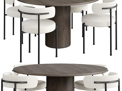 Modern Round Dining Table Set With Wooden Tabletop And White Upholstered Chairs With Black Metal Frames 3d model