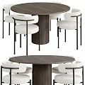 Modern Round Dining Table Set With Wooden Tabletop And White Upholstered Chairs With Black Metal Frames