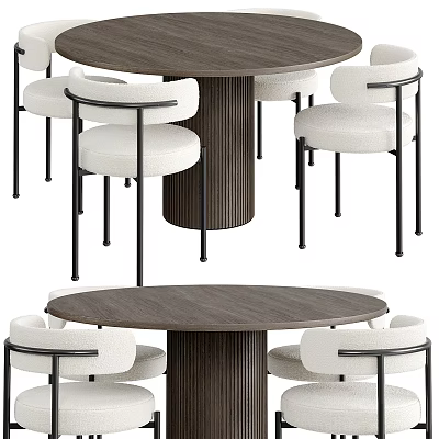 Modern Round Dining Table Set With Wooden Tabletop And White Upholstered Chairs With Black Metal Frames 3d model