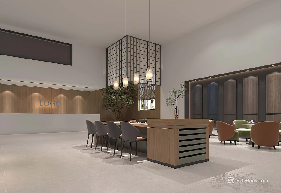 Modern Reception Area With Wooden Wall Panels Logo Desk Grid Pendant Light And Chairs 3d model 