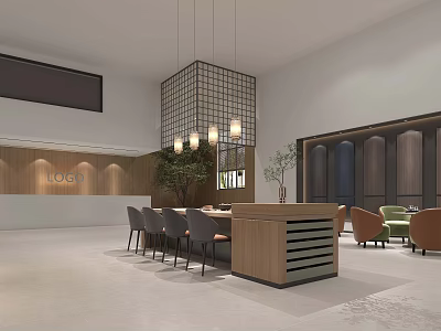 Modern Reception Area With Wooden Wall Panels Logo Desk Grid Pendant Light And Chairs 3d model