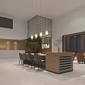 Modern Reception Area With Wooden Wall Panels Logo Desk Grid Pendant Light And Chairs