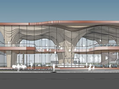 Modern Architectural Exterior With Glass Facade Wavy Roof Structure And Entrance Plaza 3d model