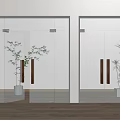 Glass Double Doors in Modern Interior with Light Wall Wooden Floor and Potted Plants
