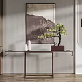 Elegant Console Table With Mountain Painting Bonsai Tree And Ceramic Vase On Striped Wall