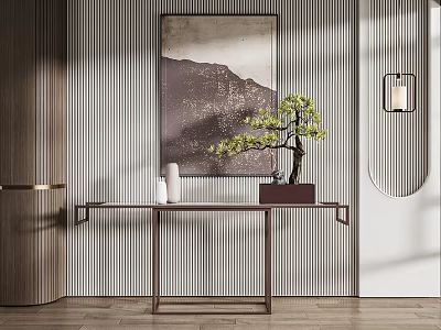 Elegant Console Table With Mountain Painting Bonsai Tree And Ceramic Vase On Striped Wall 3d model