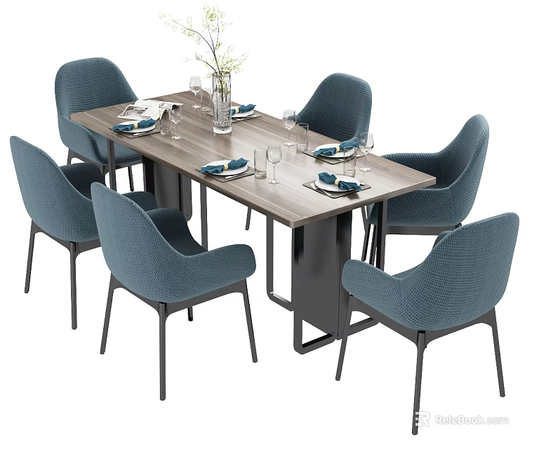 Modern Wooden Dining Table With Six Blue Chairs And Table Setting 3d model