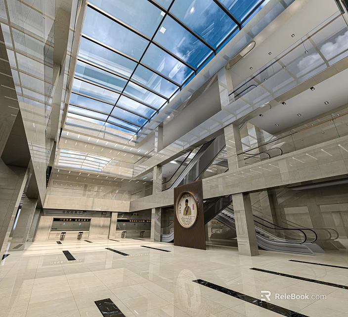Modern Grand Lobby Interior With Glass Skylight Escalators And Marble Floor 3d model 