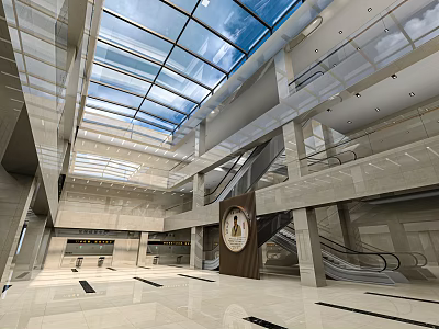 Modern Grand Lobby Interior With Glass Skylight Escalators And Marble Floor 3d model