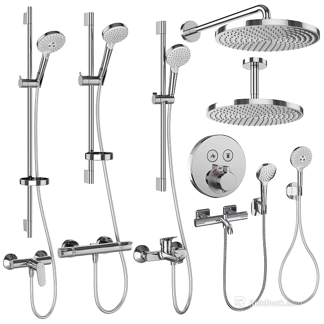 Various Shower Head Components Featuring Rainfall Handheld and Control Panel Fixtures 3d model 