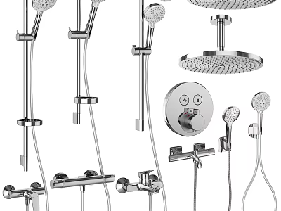 Various Shower Head Components Featuring Rainfall Handheld and Control Panel Fixtures 3d model