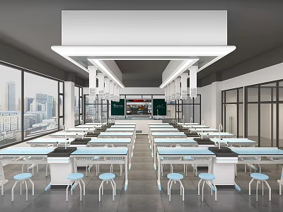 Spacious Laboratory With Rows Of Tables Blue Stools And Large Windows 3d model