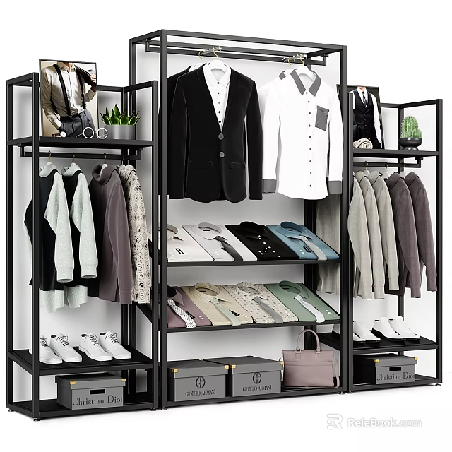 Commercial Equipment For Clothing Display With Hanging Racks Shelves And Storage Boxes 3d model 