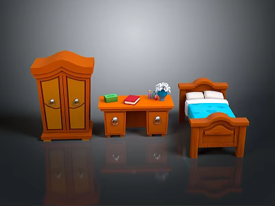 Wooden Bedroom Furniture Set Featuring Wardrobe Desk Bed and Books on Desk with Flower Vase 3d model