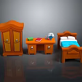 Wooden Bedroom Furniture Set Featuring Wardrobe Desk Bed and Books on Desk with Flower Vase