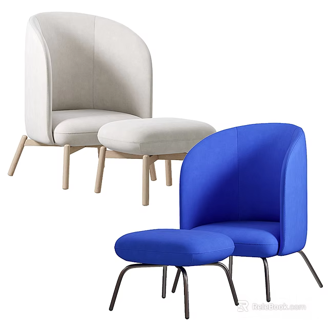 Modern Blue And Light Gray Accent Chairs With Curved Backrest And Ottoman 3d model