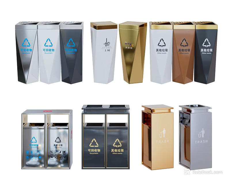 Public Trash Bins With Various Designs Different Colors And Recycling Symbols 3d model 