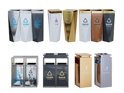 Public Trash Bins With Various Designs Different Colors And Recycling Symbols 3d model