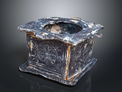 Vintage Square Stone Furniture Piece Featuring Intricate Carved Patterns And Distressed Finish 3d model