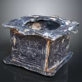 Vintage Square Stone Furniture Piece Featuring Intricate Carved Patterns And Distressed Finish
