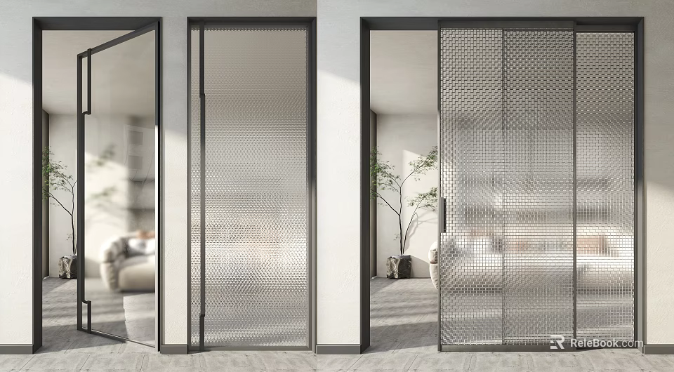 Modern Sliding Interior Door With Perforated Metal Design And Black Frame 3d model 