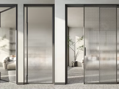 Modern Sliding Interior Door With Perforated Metal Design And Black Frame 3d model