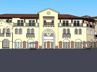 Classic Style Commercial Complex With Clock Tower Arched Entrances Balconies And Storefronts 3d model