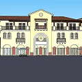 Classic Style Commercial Complex With Clock Tower Arched Entrances Balconies And Storefronts