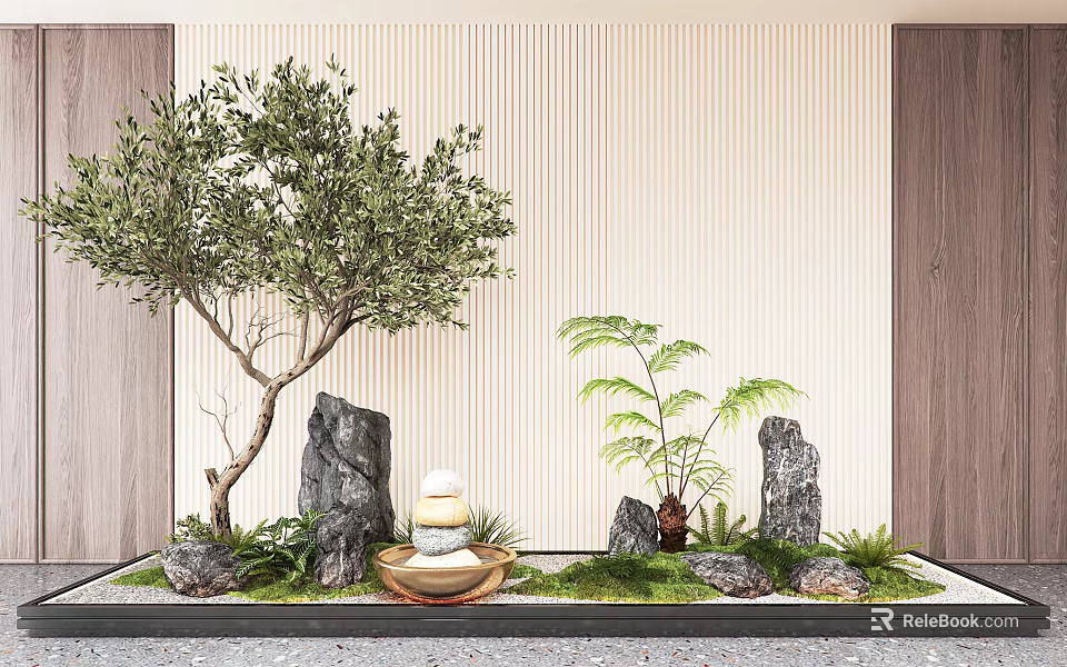 Indoor Landscape Design Featuring Olive Tree Stones Ferns Moss Striped Wall And Wooden Accents 3d model 