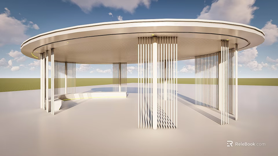 Modern Pergola Design With Curved Roof White Vertical Slats And Open Green Space 3d model 