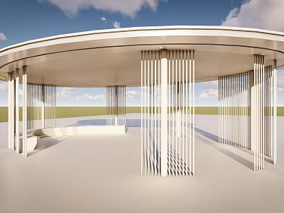 Modern Pergola Design With Curved Roof White Vertical Slats And Open Green Space 3d model