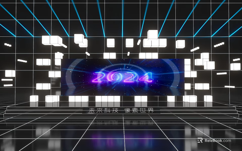 2024 Future Tech Scene with Neon Digital Display and Geometric Cubes 3d model 